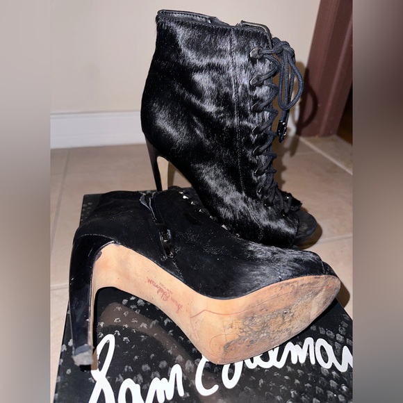 Sam Edelman Black Karmen Calf Hair Lace Up Platform Open Toe Heels - Picture 6 of 6